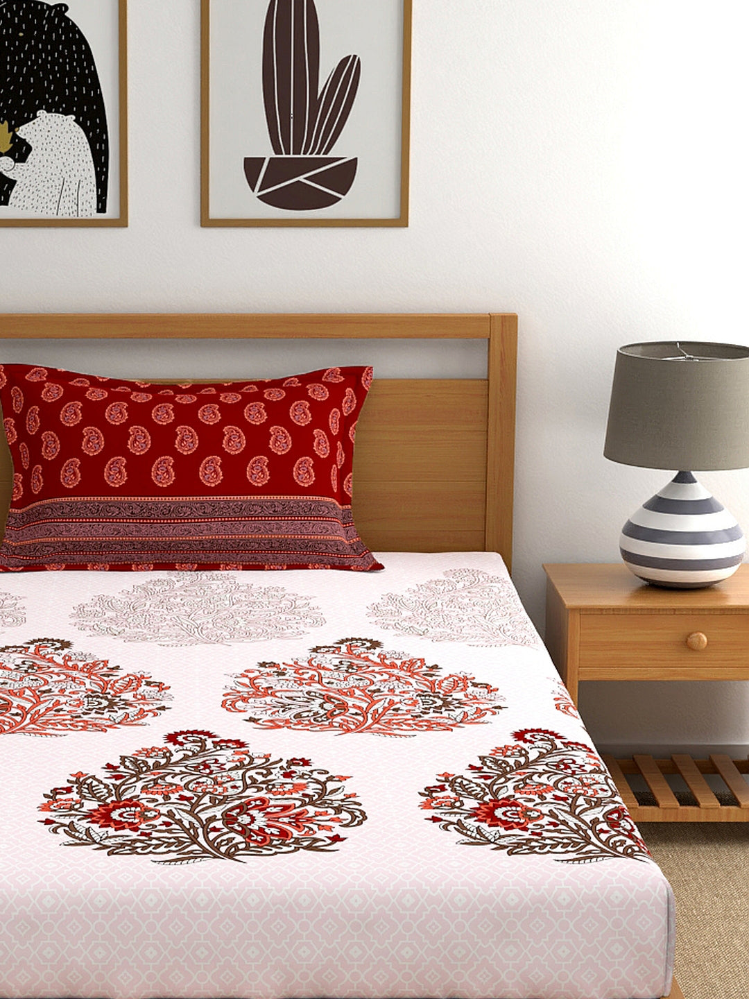 My Room 100% Cotton Floral Bedsheet Set | 140 TC | Tomato