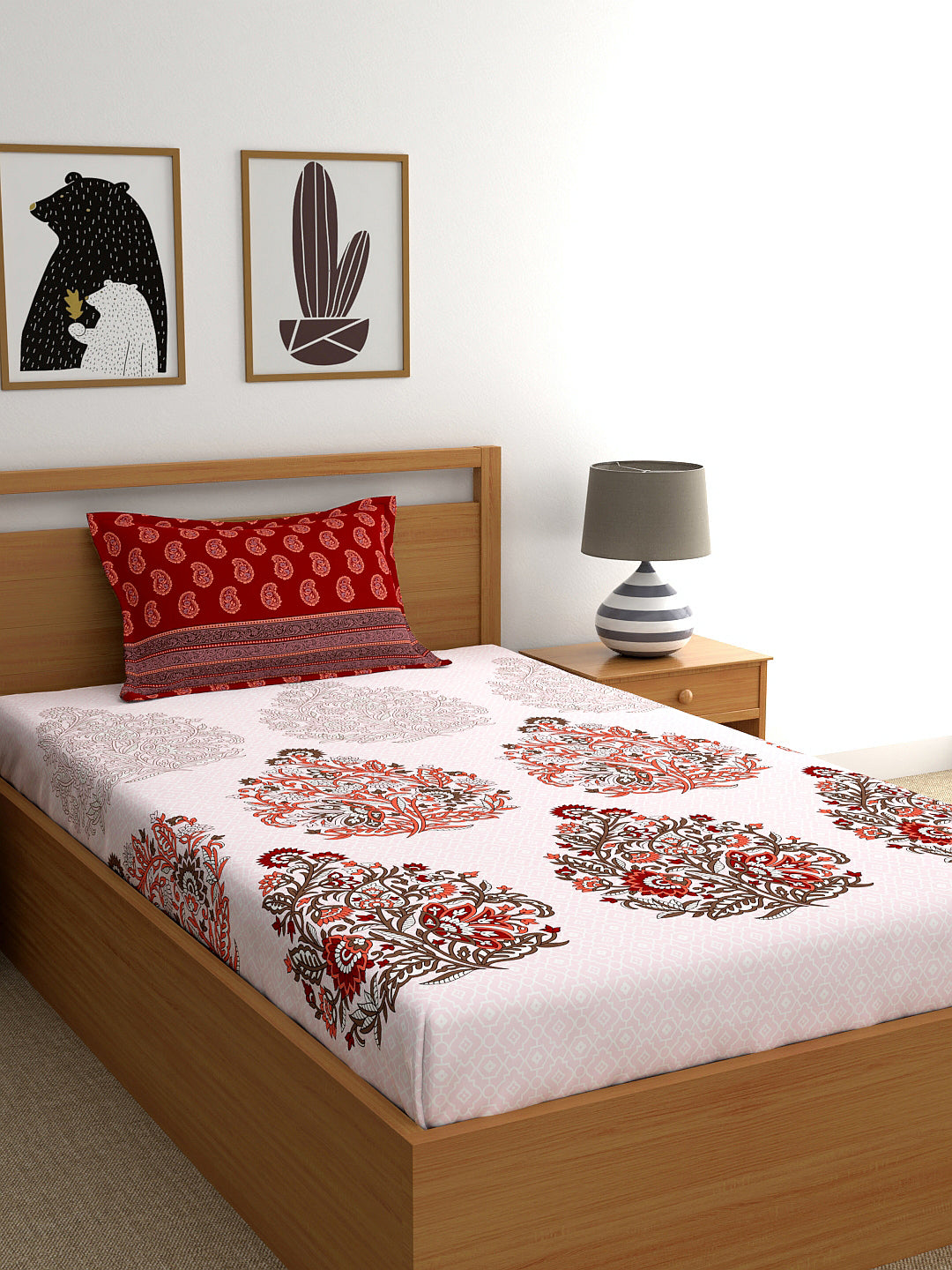 My Room 100% Cotton Floral Bedsheet Set | 140 TC | Tomato