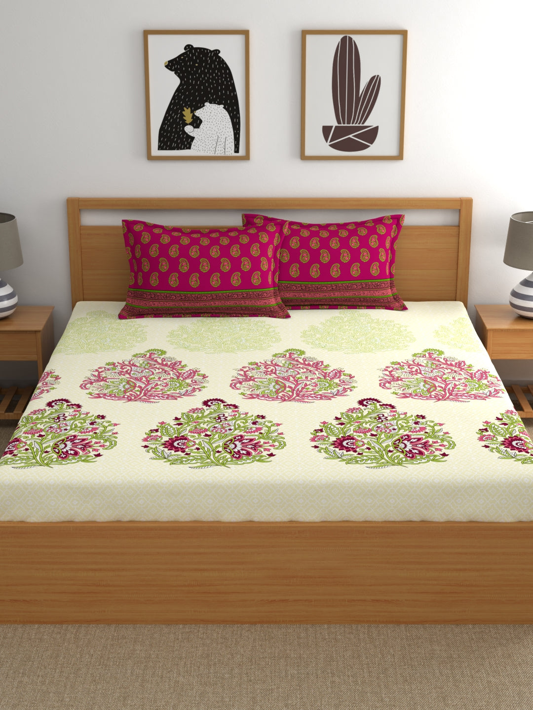 My Room 100% Cotton Floral Bedsheet Set | 140 TC | Dark Pink