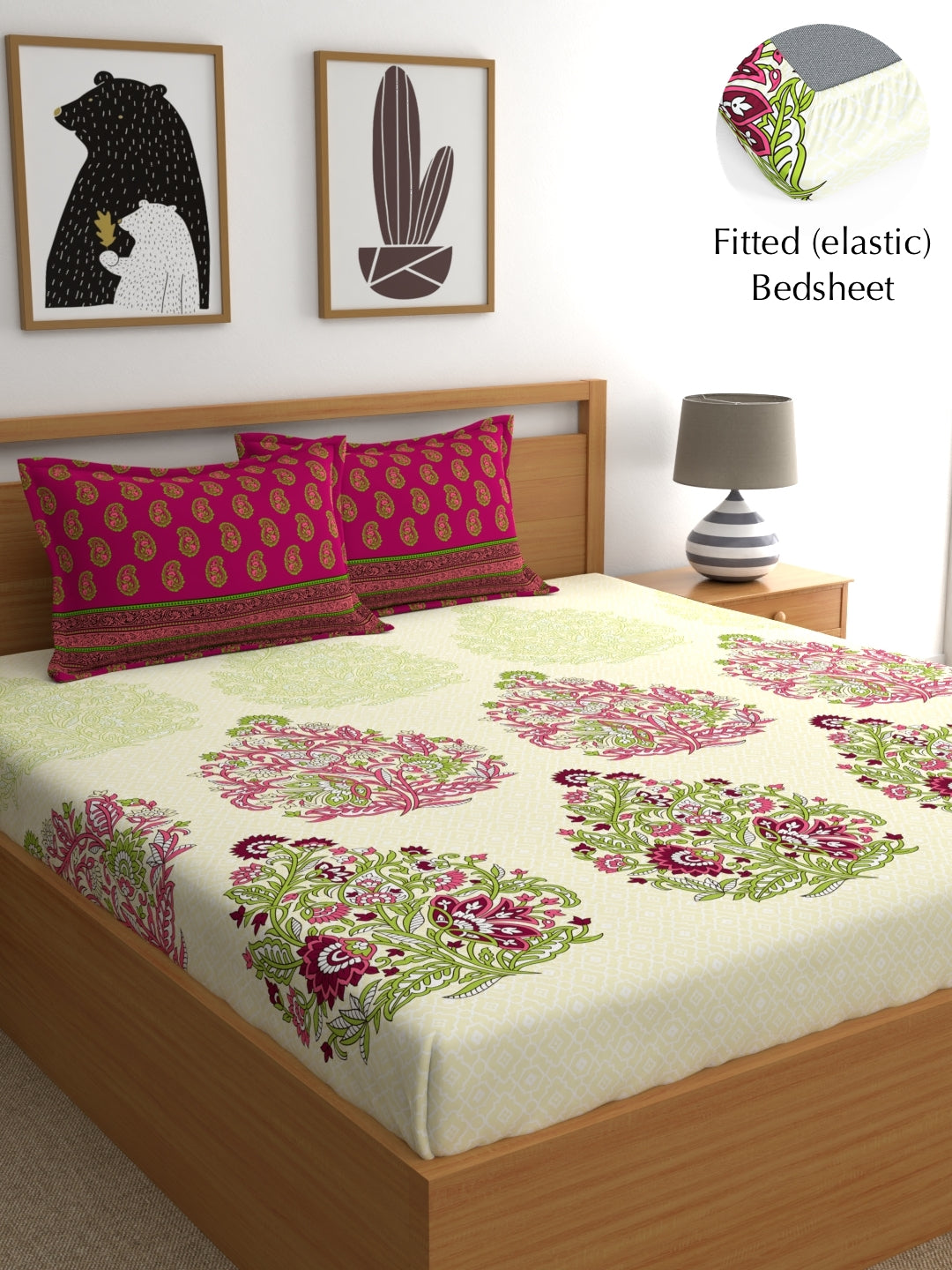 My Room 100% Cotton Floral Bedsheet Set | 140 TC | Dark Pink