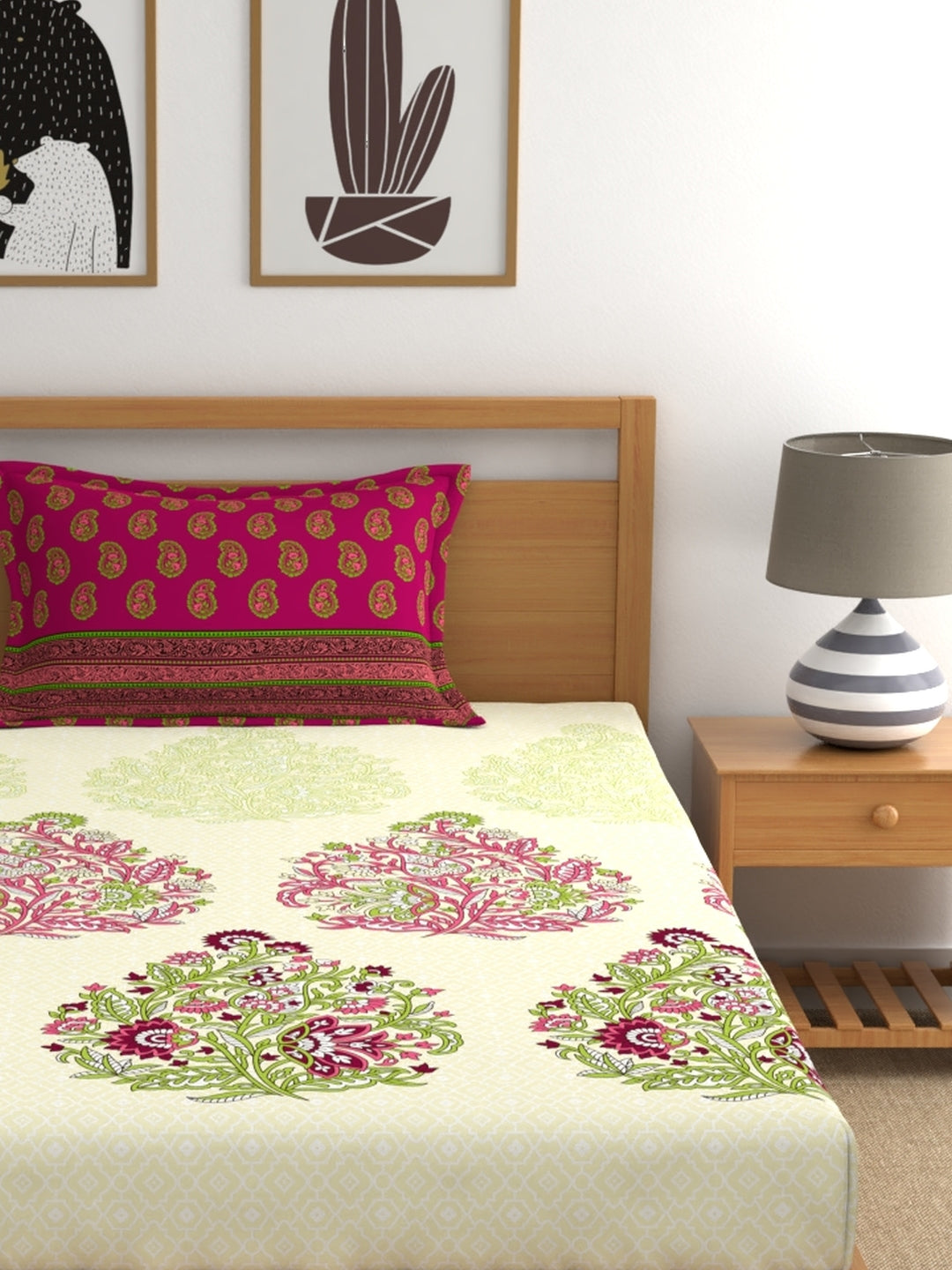My Room 100% Cotton Floral Bedsheet Set | 140 TC | Dark Pink