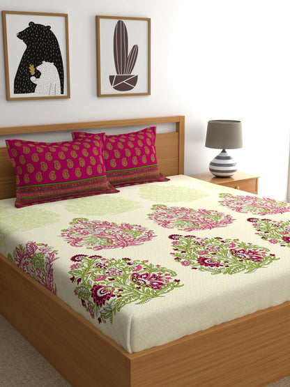 My Room 100% Cotton Floral Bedsheet Set | 140 TC | Dark Pink