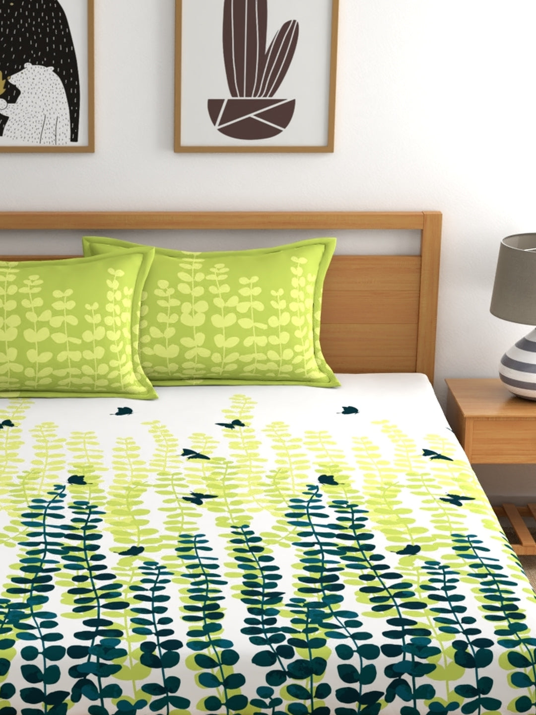 My Room 100% Cotton Floral Bedsheet Set | 140 TC | Lime Green