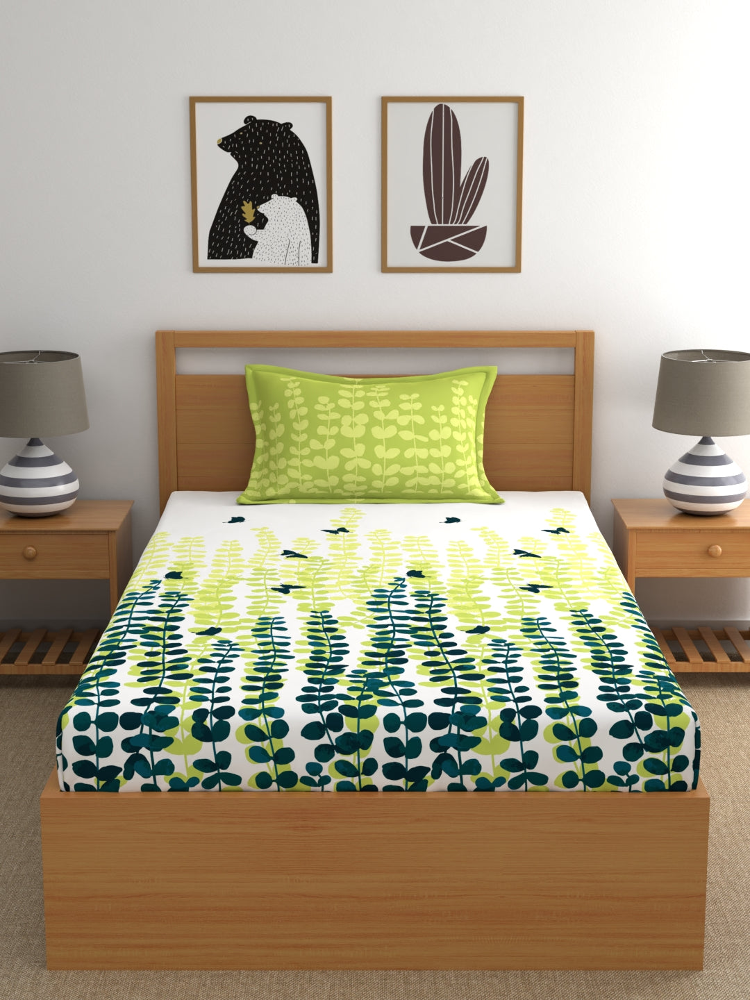 My Room 100% Cotton Floral Bedsheet Set | 140 TC | Lime Green