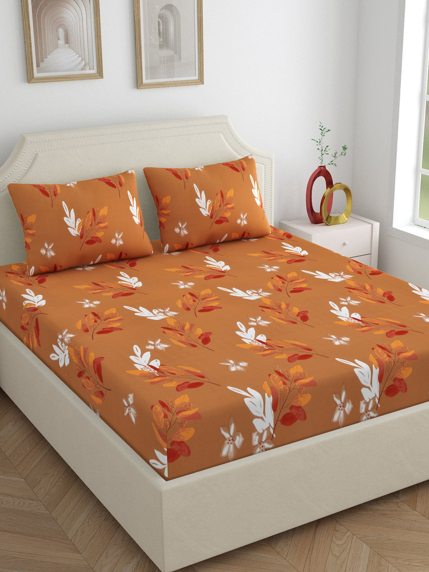 Dreamscape 100% Cotton Floral Bedsheet Set | 180 TC | Mustard