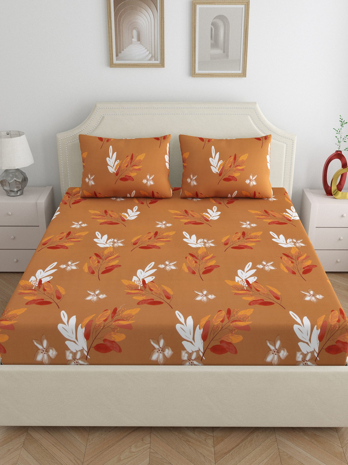 Dreamscape 100% Cotton Floral Bedsheet Set | 180 TC | Mustard