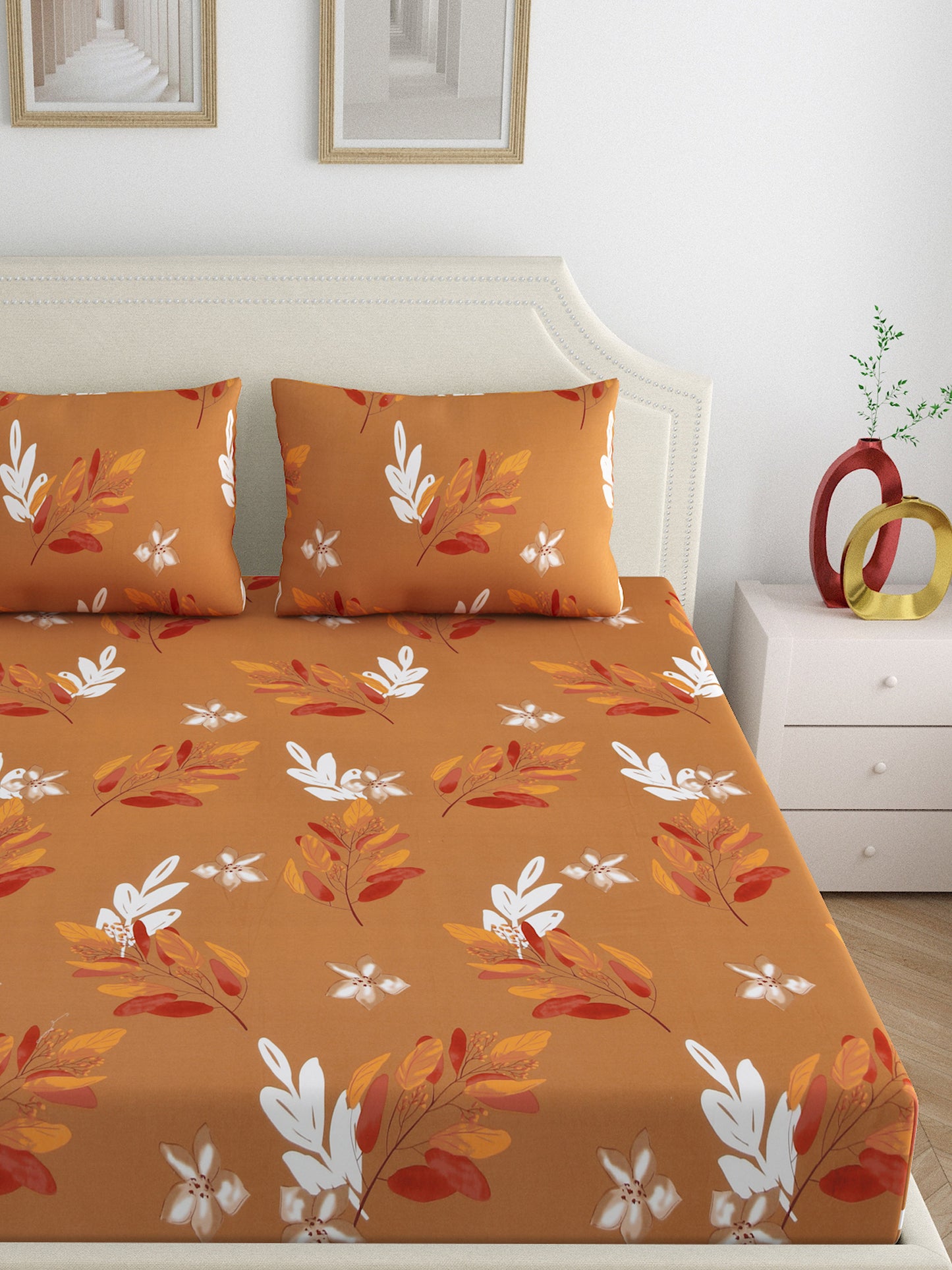 Dreamscape 100% Cotton Floral Bedsheet Set | 180 TC | Mustard