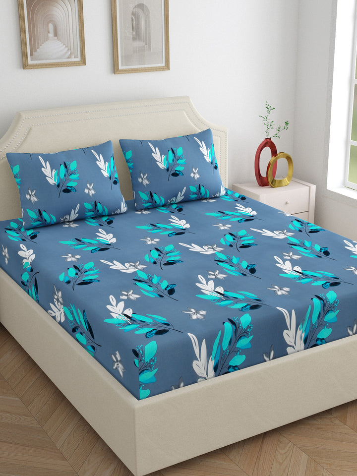 Dreamscape 100% Cotton Floral Bedsheet Set | 180 TC | Blue