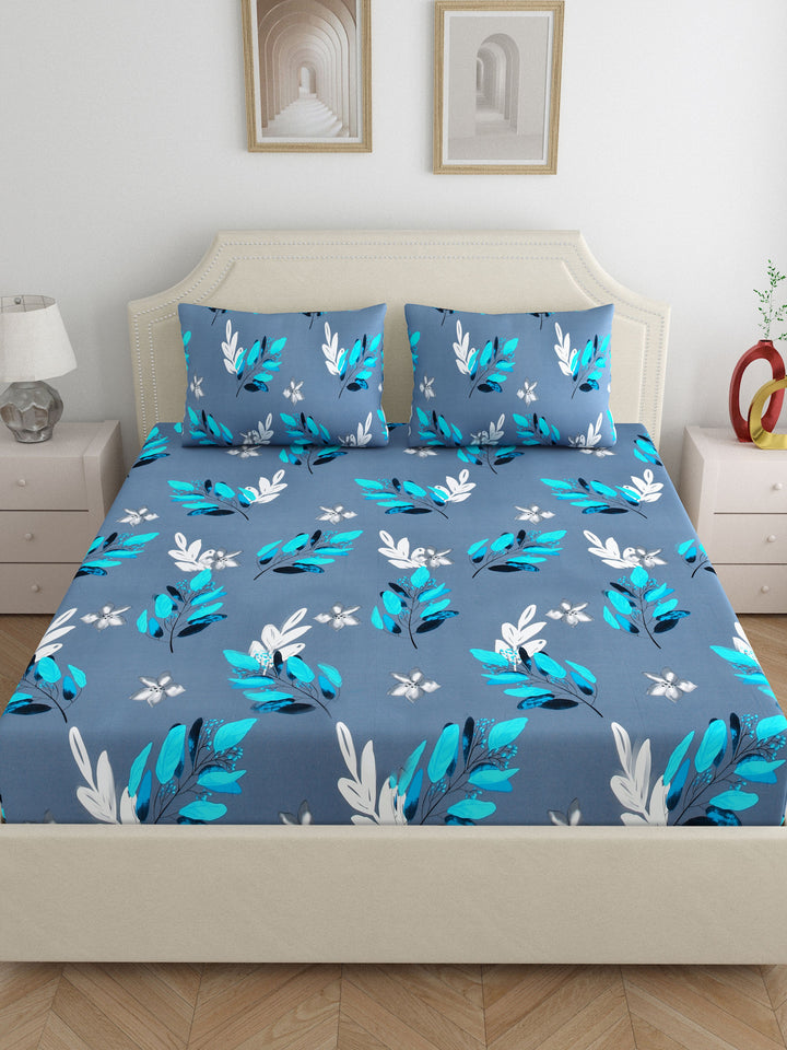Dreamscape 100% Cotton Floral Bedsheet Set | 180 TC | Blue