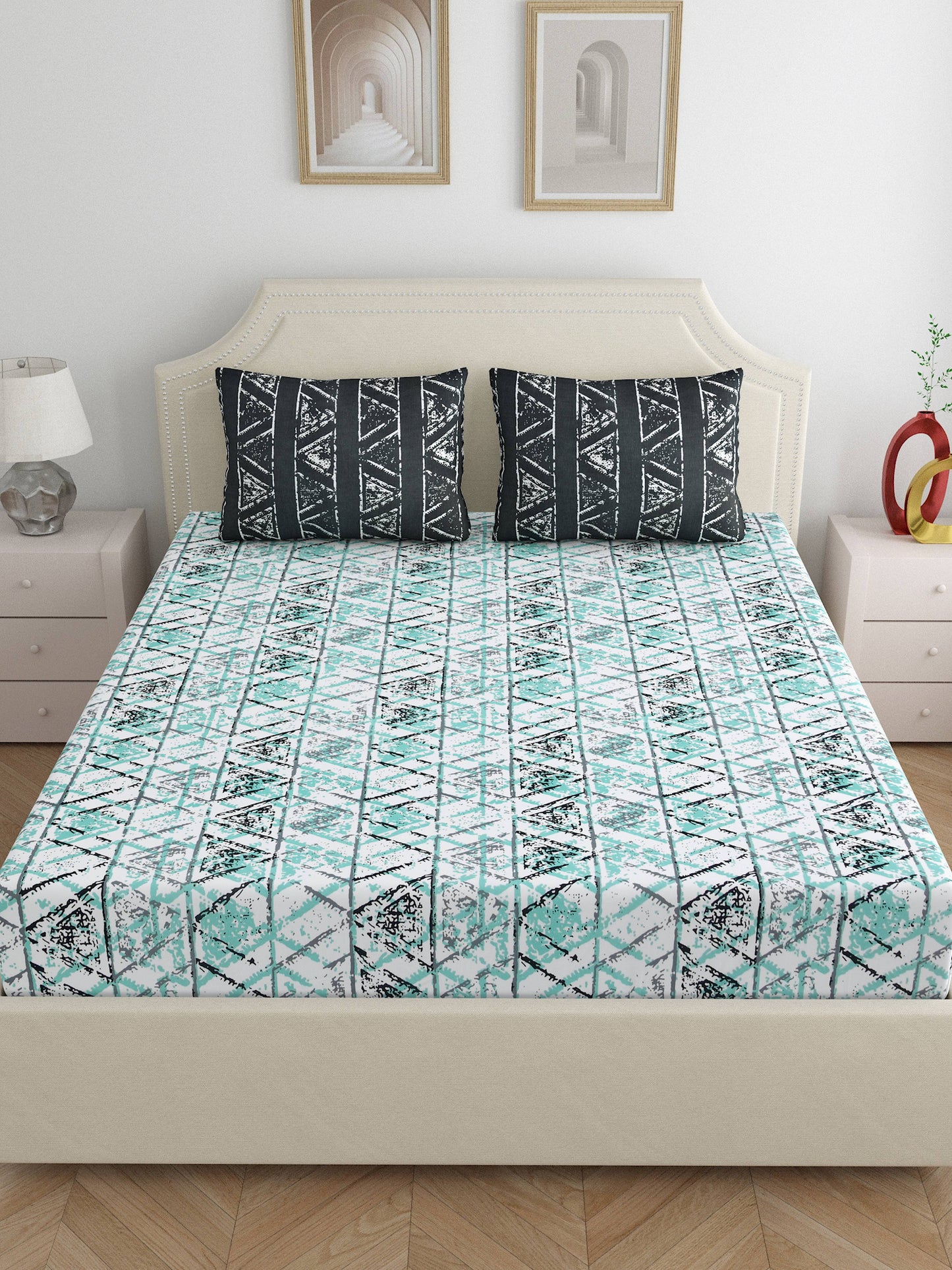 Dreamscape 100% Cotton Abstract Bedsheet Set | 180 TC | Seagreen