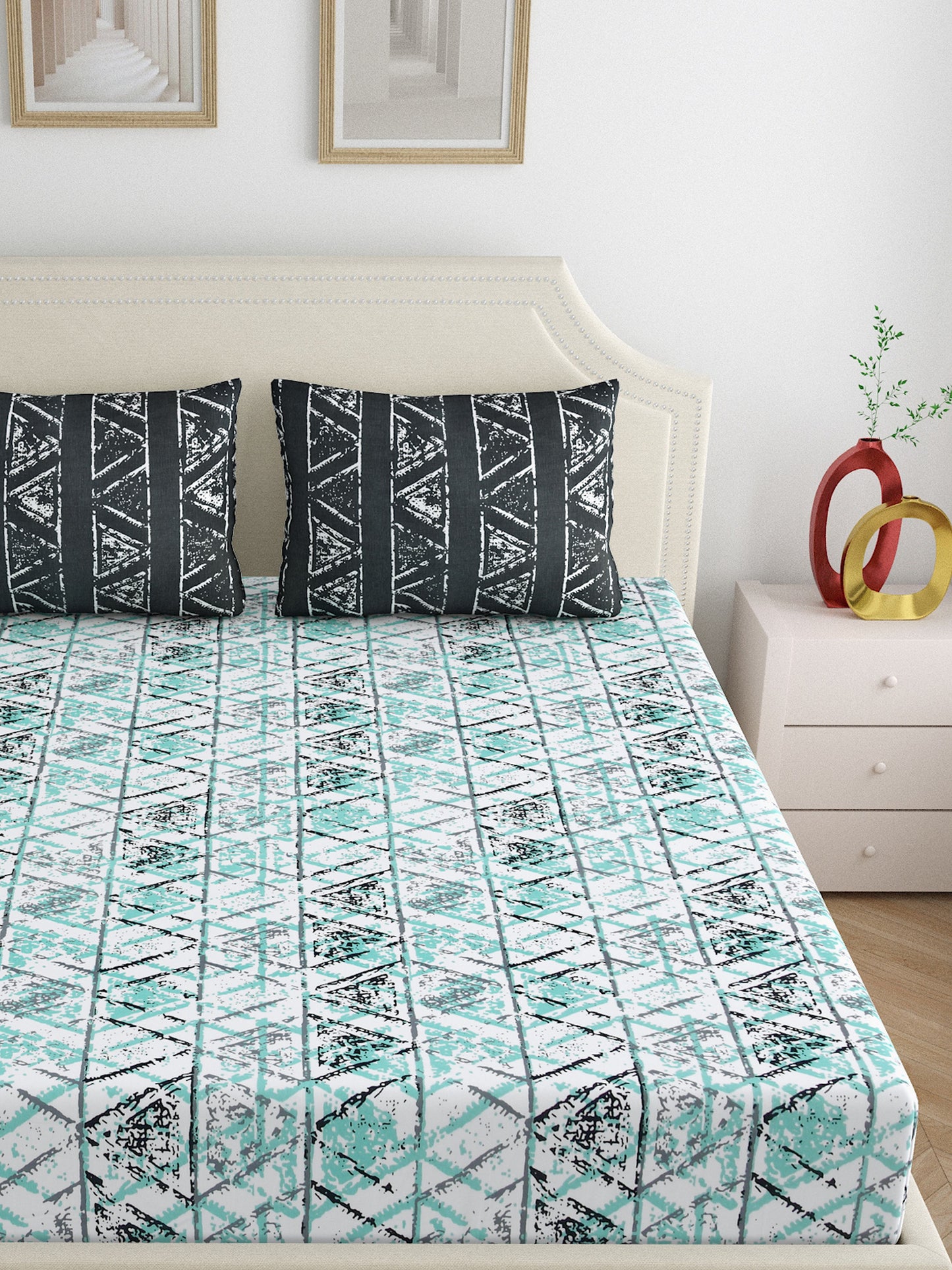 Dreamscape 100% Cotton Abstract Bedsheet Set | 180 TC | Seagreen