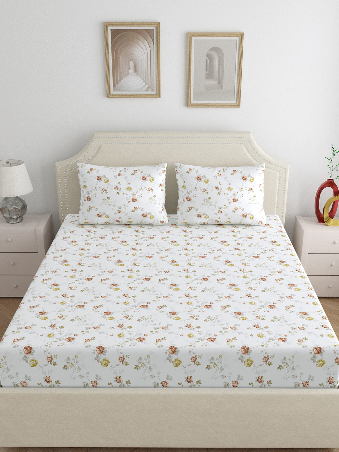 Dreamscape 100% Cotton Floral Bedsheet Set | 300 TC | Brown