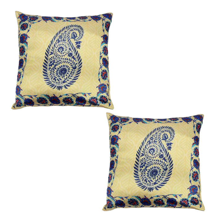 Dreamscape 100% Polyester Abstract Golden & Blue Cushion Cover 16"x16" (Set of 2)